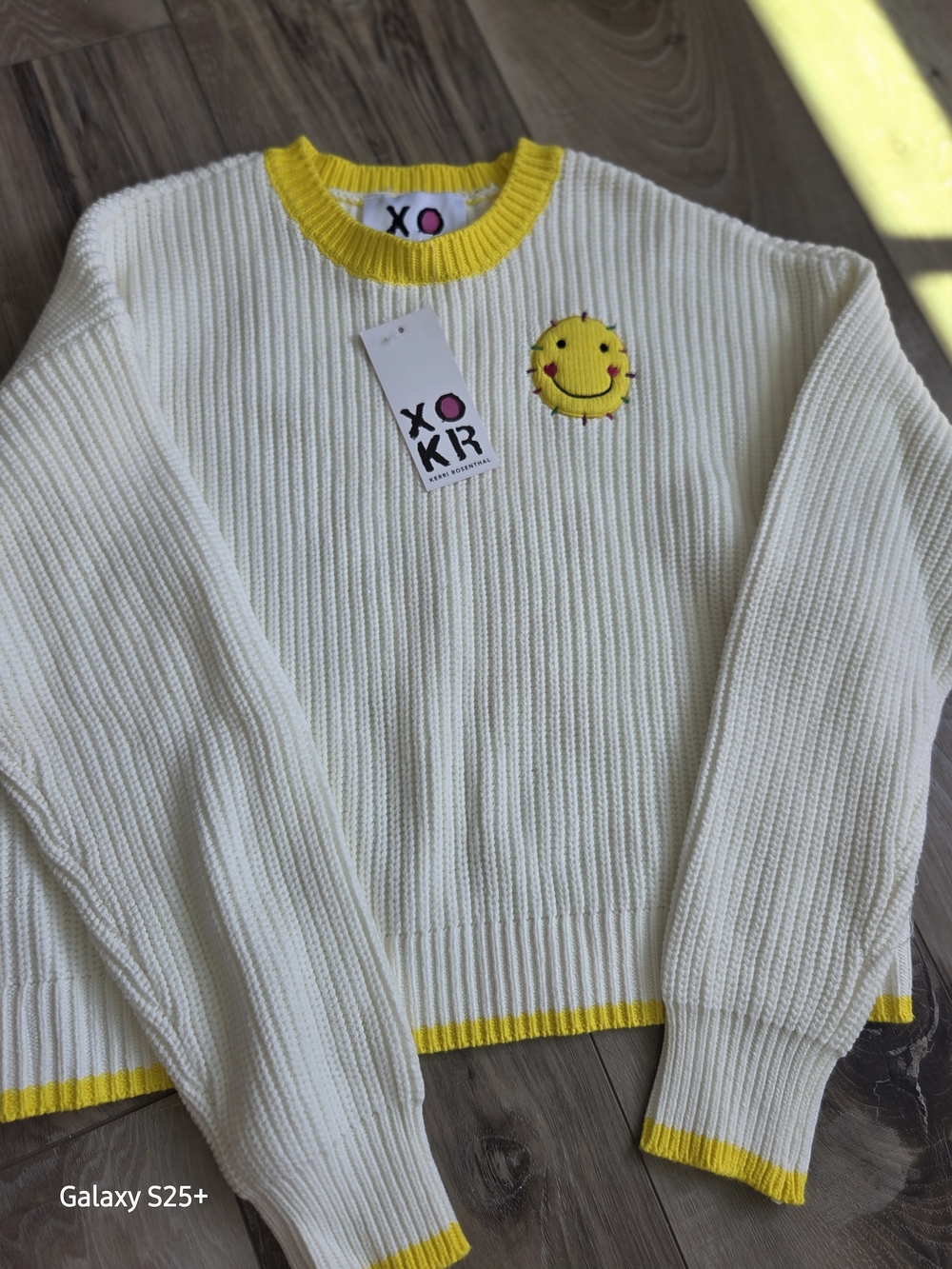 Rosenthal Cream Ribbed Crewneck Sweater with Yellow Trim & Smiley Patch